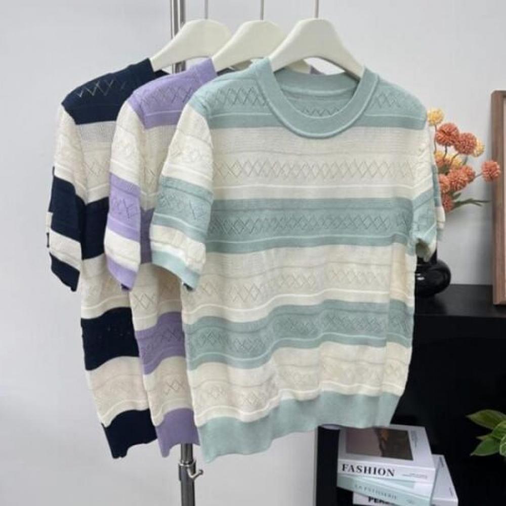 Navava Women Color Block Stripe Short Sleeve Knit Top Nk3008