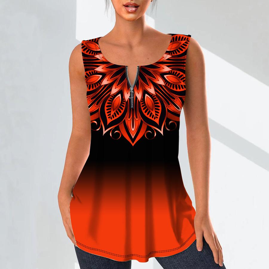 Women's Fashion V Neck Shirts Casual Tops T-shirt Ladies 3D Leaf Pattern Print Vest Plus Size Sleeveless Blouse Tank Tops