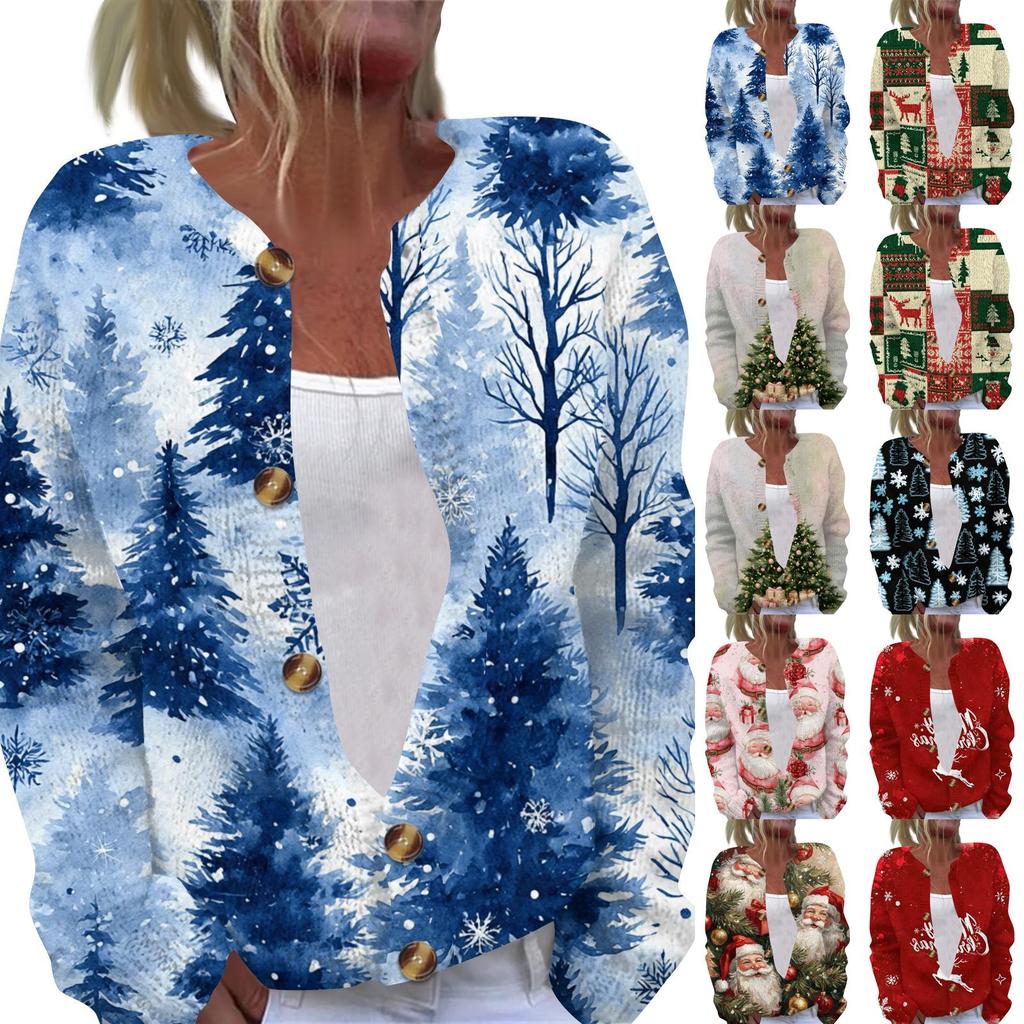 Women's Christmas Print Long Sleeve Knit Cardigan with Button Front