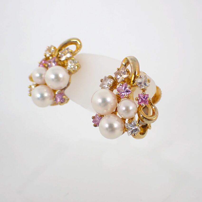 [Pre-owned] JUNET 750YG Akoya Pearl (Pink White Pearl) Pink/White Sapphire Earrings/j54-4