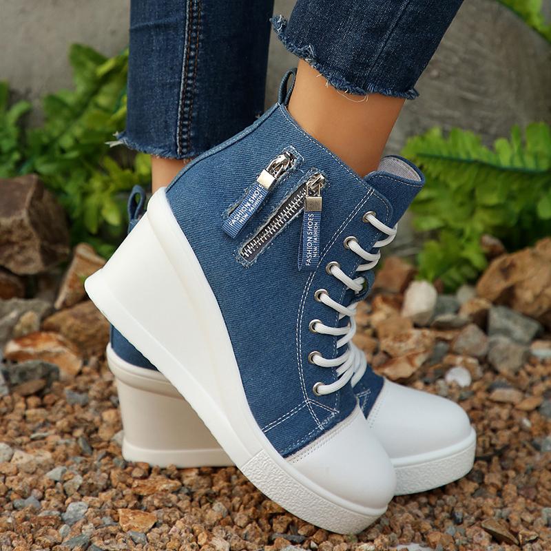 Damskie casualowe trampki high top z denimu, dekoracja na zamek błyskawiczny, koturn, buty płócienne, moda damska, sznurowane, platforma, botki do kostki, duży rozmiar