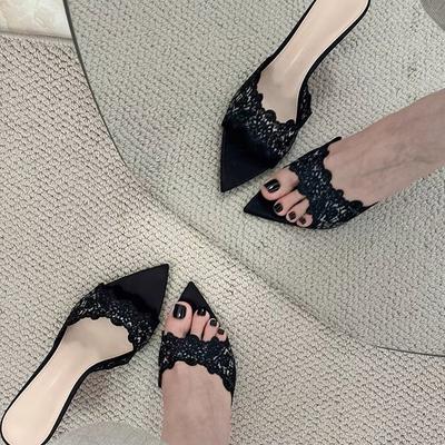 [Spot] Pointed Banquet High Heels Women's New Embroidered Stiletto Single Shoes Temperament Embroidered High Heel Cool Slippers