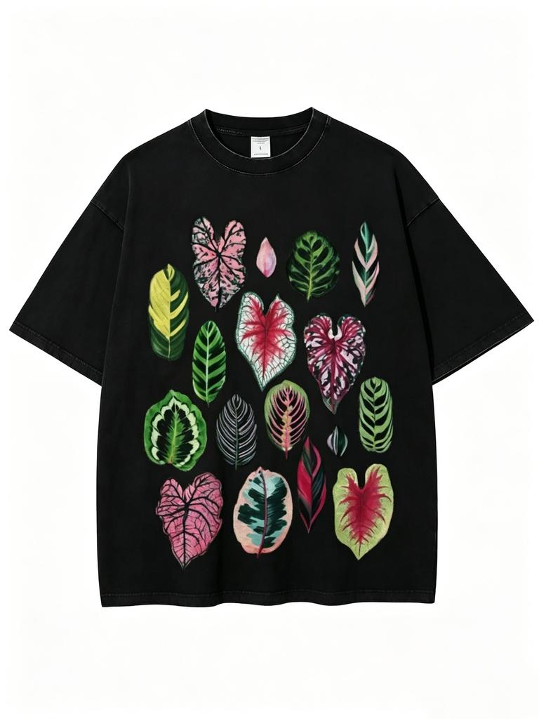 Naughty Leaf Print T-shirt In Tropical Forest, High-quality Batik Cotton Retro Fashion Brand T-shirt, Popular Daily Wear, Holiday Gifts, Perfect Gifts