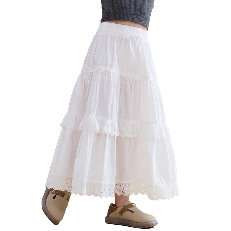 Girls' Long High Waist Lace Cake Skirt - White Spring/Autumn 2025
