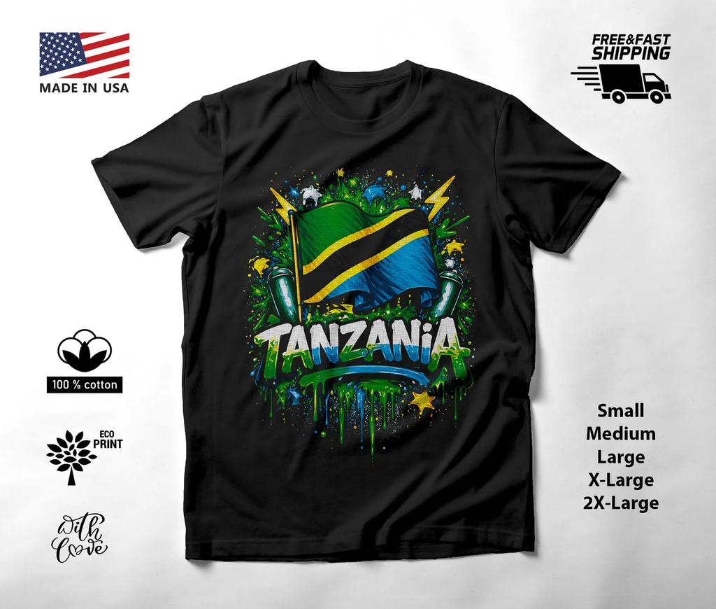 Tanzania Flag Graffiti Graphic T-Shirt Black Unisex S-2XL