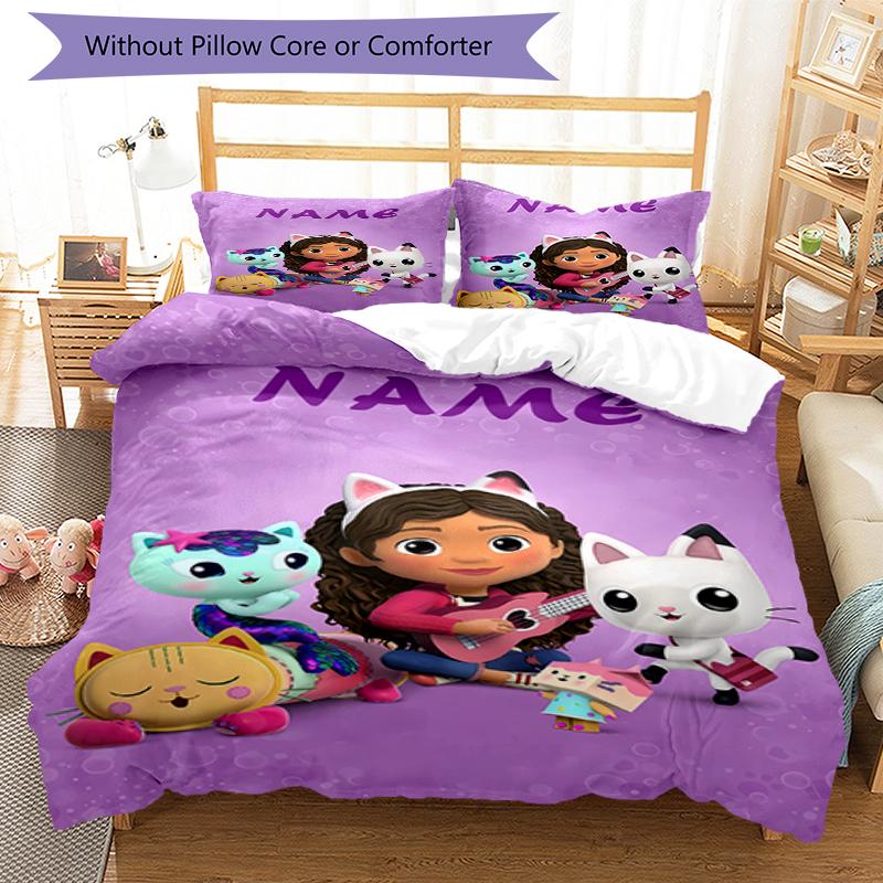 3pcs Custom Name Gabby's Dollhouse Bedding Set Duvet Cover Closure Includes 1 Duvet Cover & 2 Pillowcases, Soft and Comfortable for All Seasons.