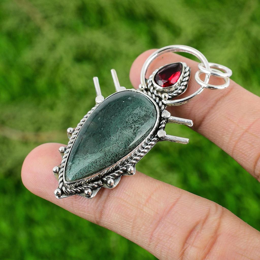 Solar Moss Agate Stone Mozambique Garnet Engagement Wife Pendant Sterling Silver