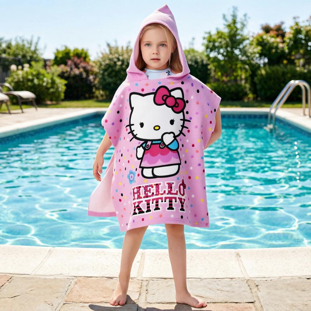 Ultra-Fine Fiber Cartoon Print Kids' Hooded Bath Towel Poncho