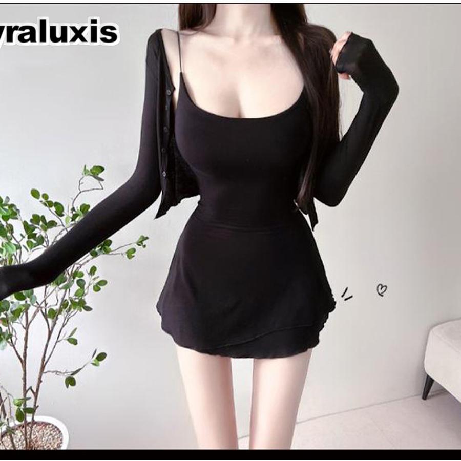 Korean Dongdaemun New Sexy Bodycon Sling Dress with Leaf Detail