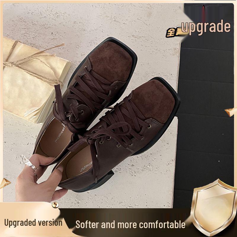 Autumn Retro Lace-Up Chunky Heel Square Toe Leather Shoes for Women