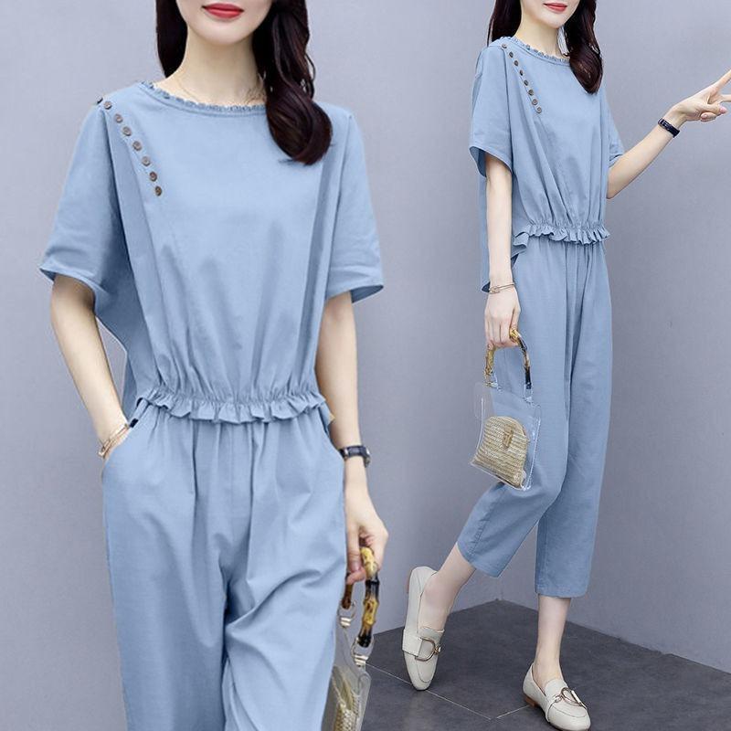 Plus Size Women's Clothing Casual Fashion Foreign Style Age-reducing Mature Style Sports Suit Women's Short-sleeved Summer Two-piece Set