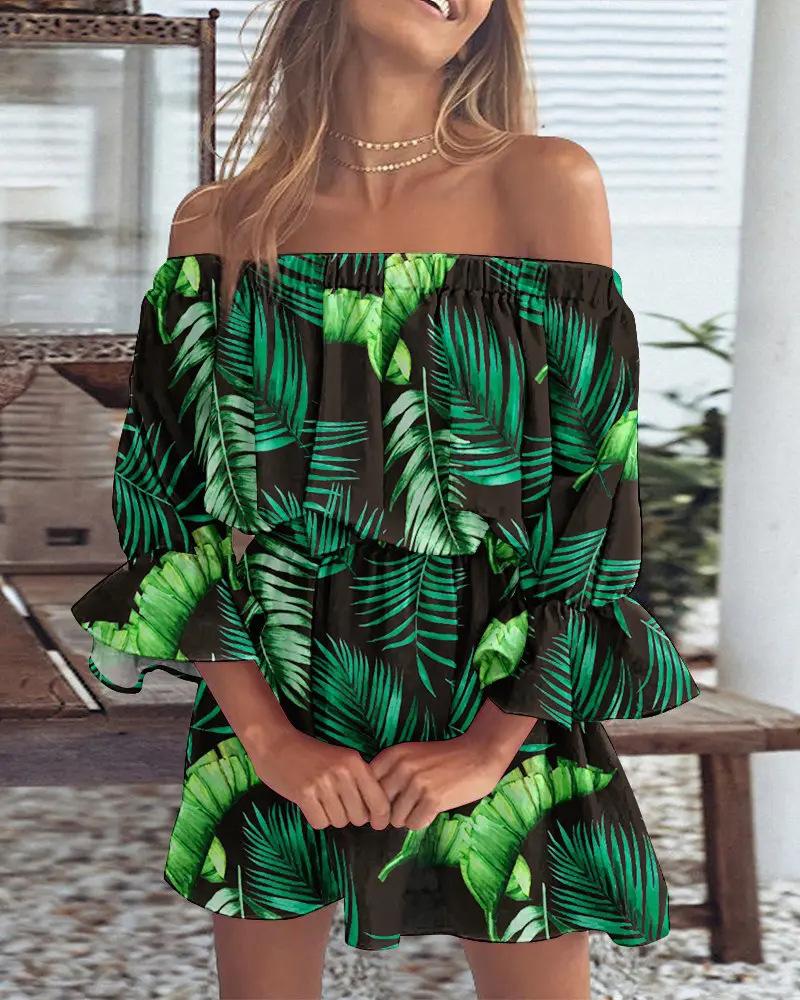 Sommermode Sexy Kleid Off Shoulder Print Puffärmel Kleid Damen A-Linie Kurzes Kleid