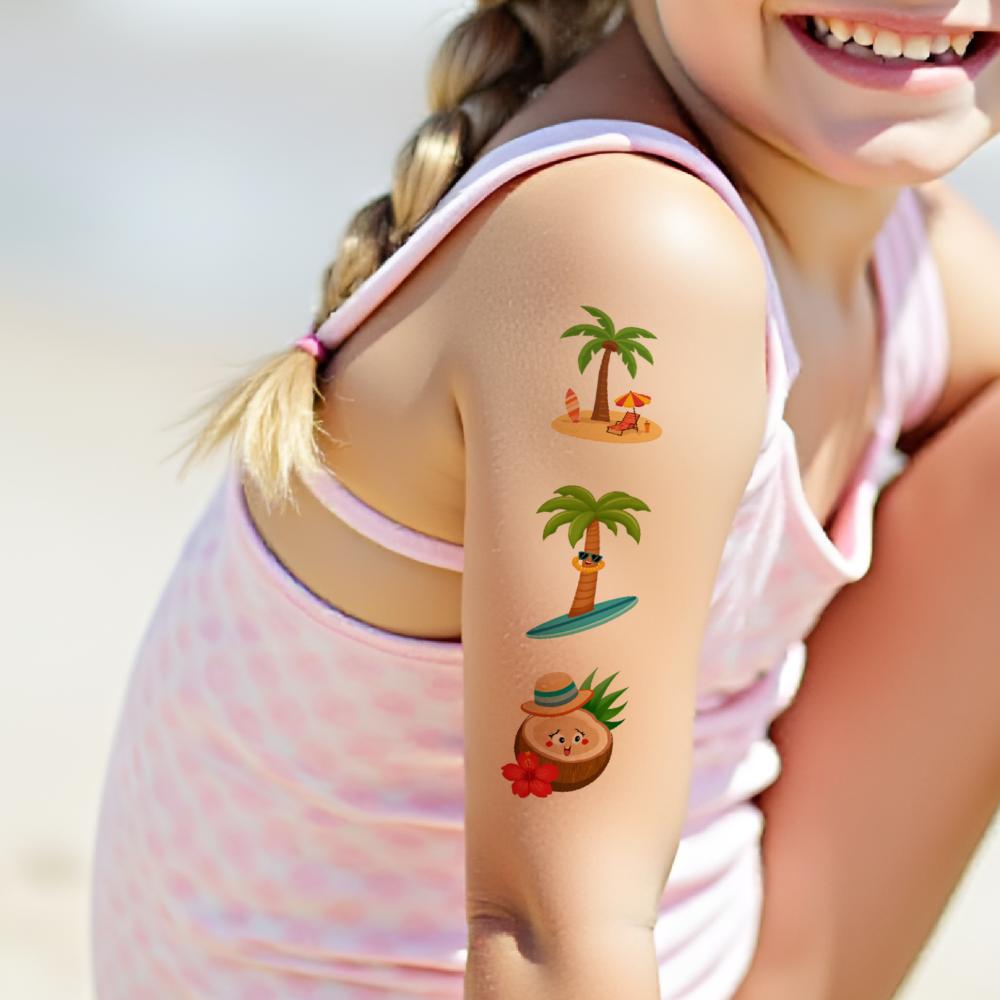 54pcs Temporary Tattoo Stickers Pineapple Hawaii Palm Tree Cartoon Cute body Art Sticker  Waterproof Semi-Permanent Fake Tattoo