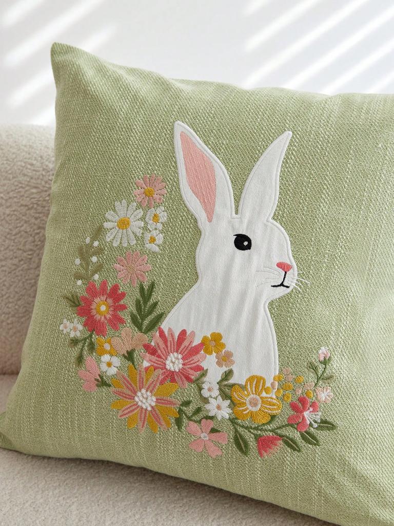 1Pc Easter Bunny Floral Wreath Pillow Covers - Polyester, 2D Double-Sided Printed, Green Pillow Cases For Sofa & Bedroom