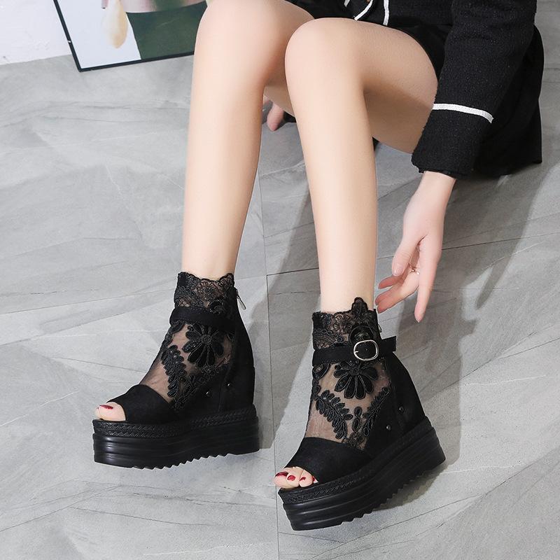 Fashion Wedge Sandals Women Summer 12cm Thick Bottom Muffin Fish Mouth Sandals Breathable Mesh Casual Shoes Platform Sandals Femme