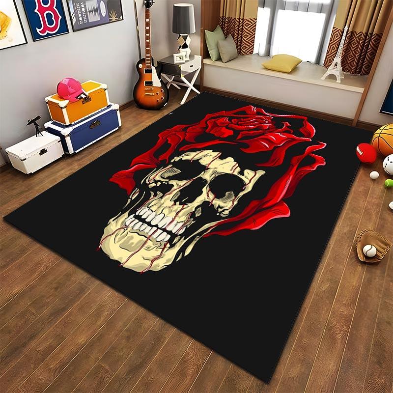 Skull Rose Printed Flannel Non-slip Carpet Suitable for Living Room and Bedroom