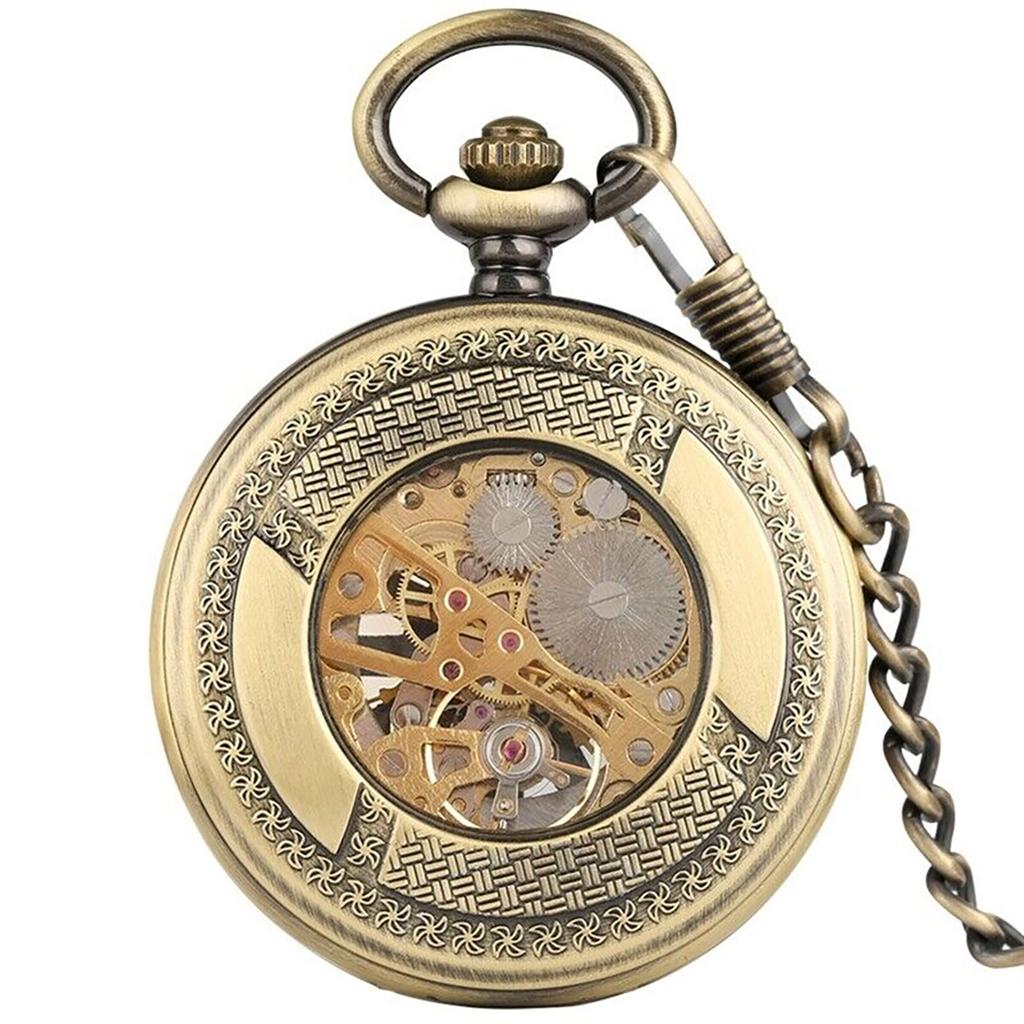1 PC Vintage Mechanical Skeleton Roman Numeral Double Half Hunter Pocket Watch with 30cm Chain Watch Accessories