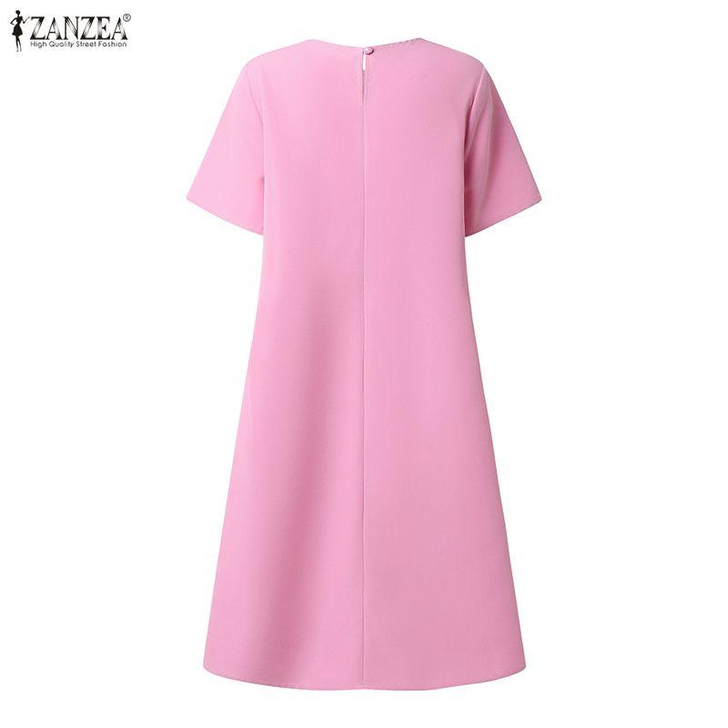 ZANZEA Damen Casual Rundhals Einfarbig Sommer Kurzarmkleid