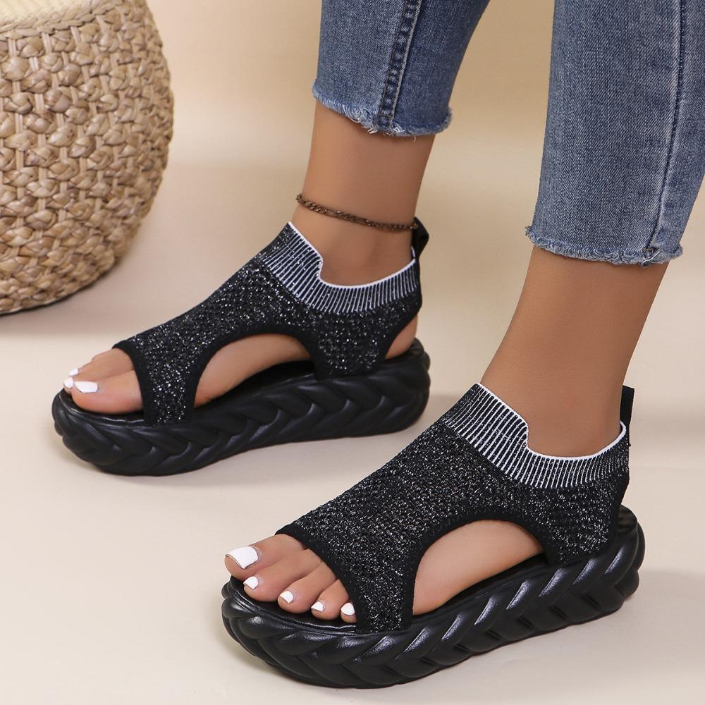 Вязаные повседневные эластичные сандалии на толстой подошве 43 чёрный 2269₽