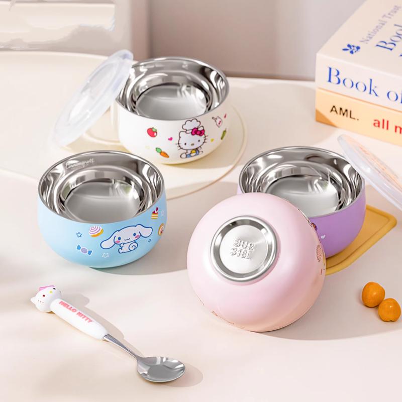 For Sanrio Kawaii Hello Kitty Kuromi Rice Bowl Soup Bowl Kids 316 Steel Bowl Double-layer Heat Insulation&Anti-scald Tableware