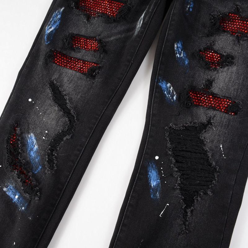 Unisex Vintage Crystal Stretch Denim Skinny Jeans Painted Holes Ripped Tapered Pants Men Streetwear Patchwork Black Trousers
