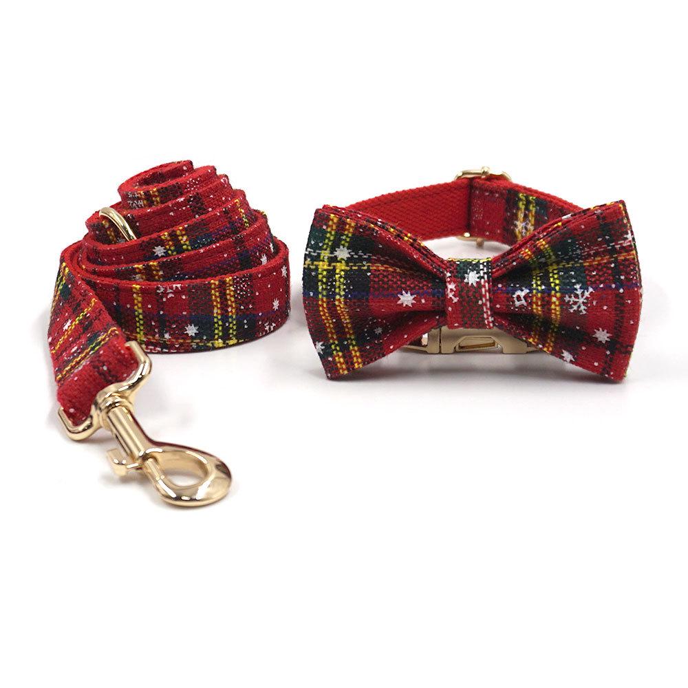 Red Christmas Pet Collar & Leash Set with Bow and Poop Bag Holder