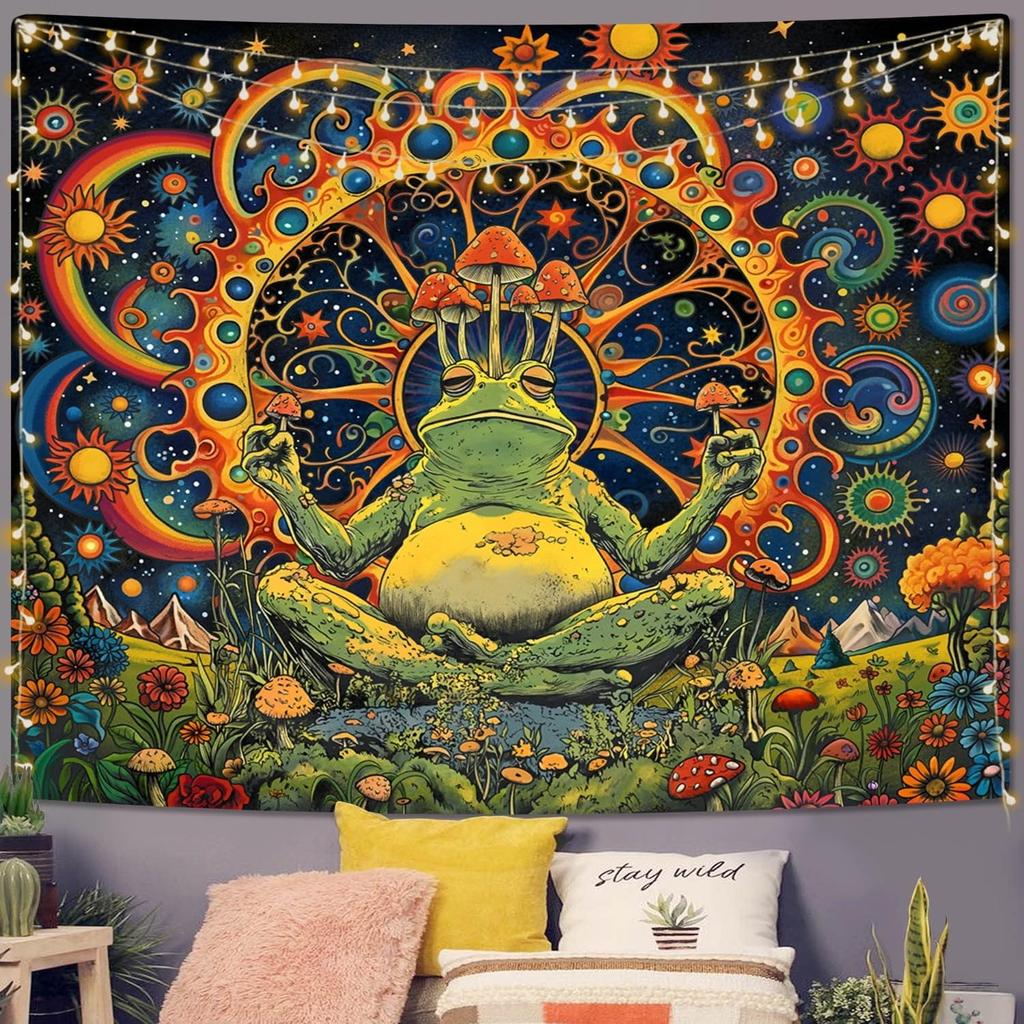 JIT 1 pc Psychedelic Meditating Frog Polyester Tapestry 2D Flat Print Trippy Home Decor Bedroom Wall Art Whimsical Charming