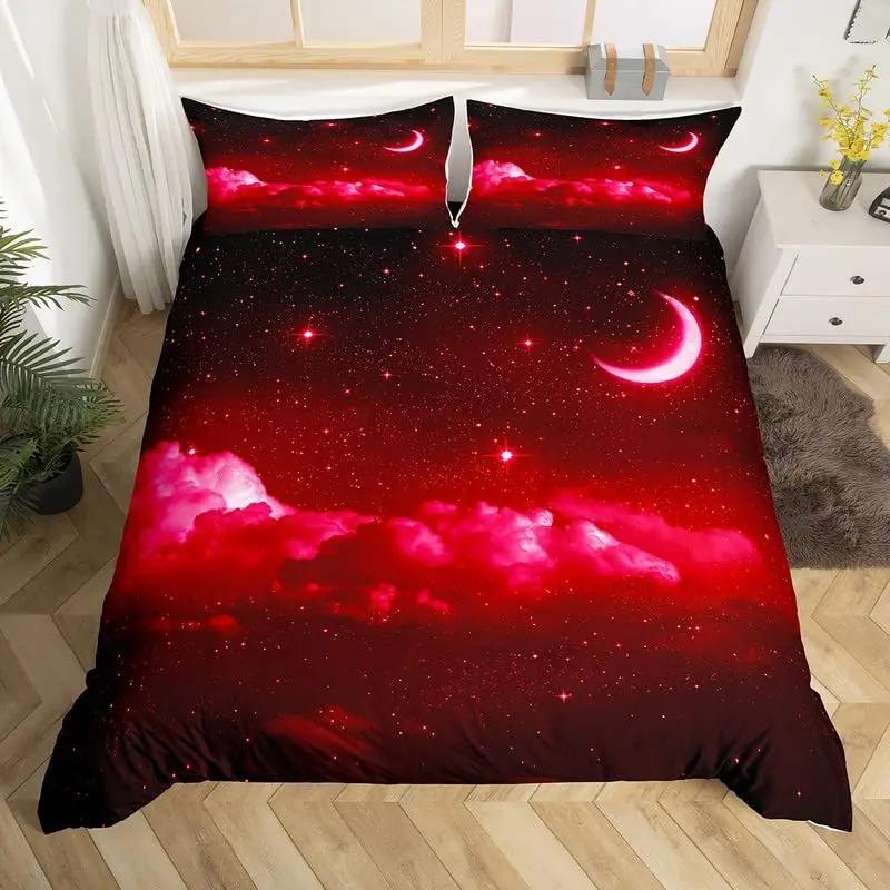 Sparkling Stars Bedding Set Galaxy Duvet Cover Pink Constellation Astrology Zodiac Nebula Comforter
