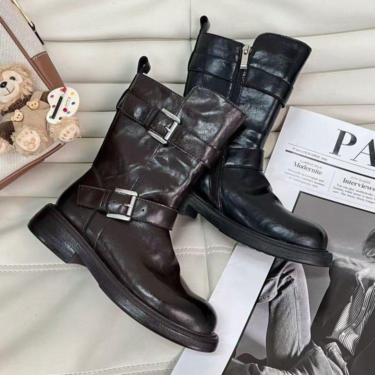 2025 autumn new European version Martin boots retro and old pleated short boots locomotive boots medium tube double buckle flat boots