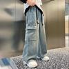 Boys' Straight Leg Cargo Jeans Teenage Children Wide Leg Denim Pants for Kids Loose Pockets Trousers Spring Autumn