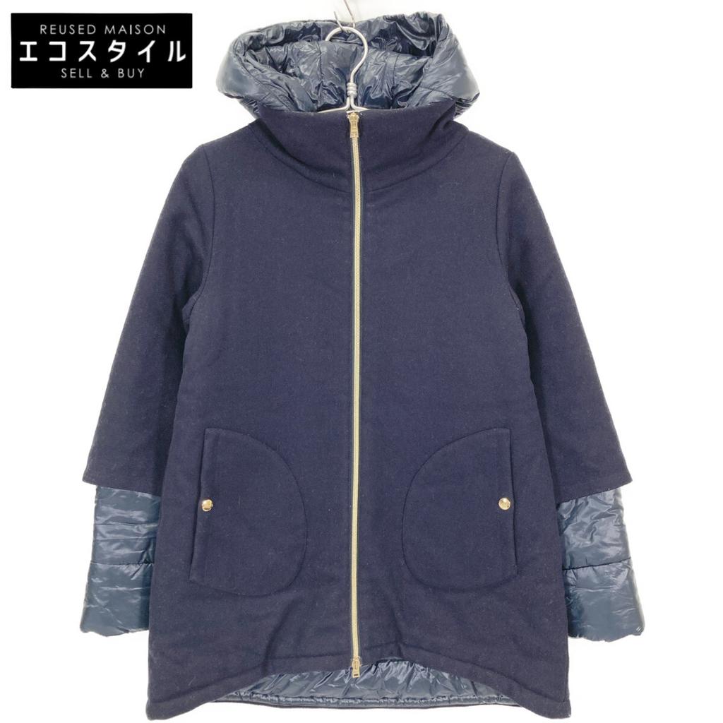 Herno GC0015G-39601 Navy Wool X Nylon Different Material Switching Hooded Down Coat Coat 14A NavyUsed