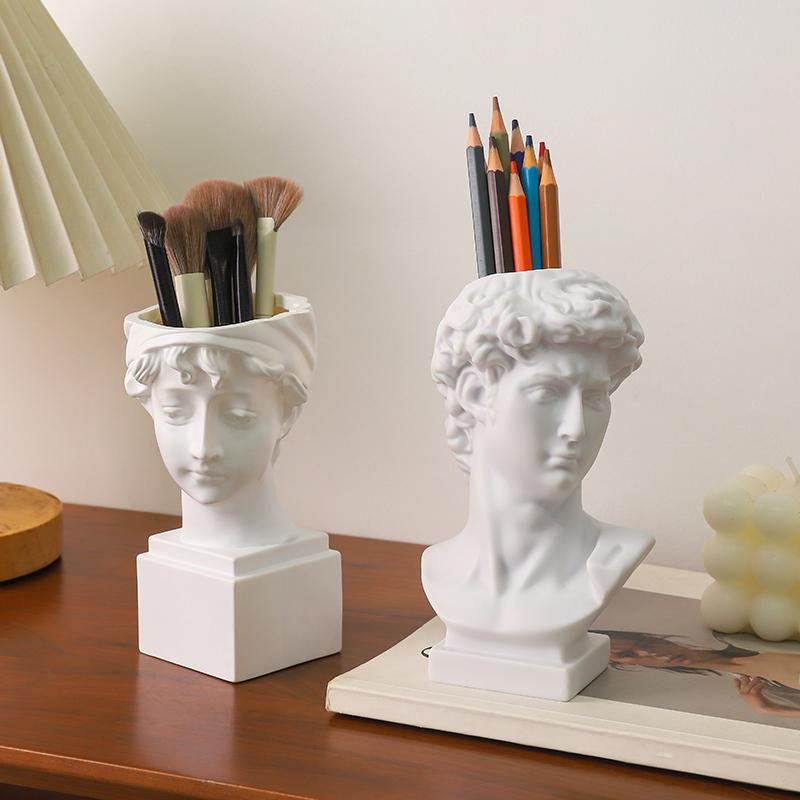 2Pc: Art Flower Pot Multi Functional Makeup Brush Storage Pen Holder David Statue Resin Vase Desktop Storage Home Decoration