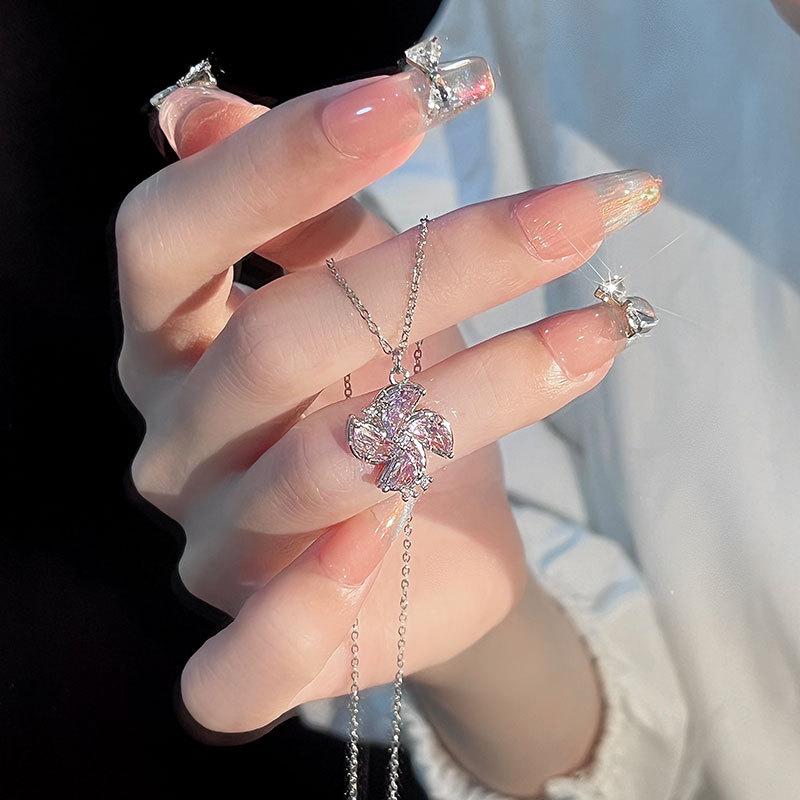 Original Pink Zirconium Windmill Necklace Women's Light Luxury Niche Temperament Pendant Commuter Diamond Stainless Steel Clavicle Chain