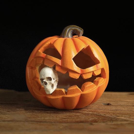 Halloween Pumpkin Sculpture with Light Spooky Pumpkin Figurine with Skull Resin Table Ornament for Home Office Decor