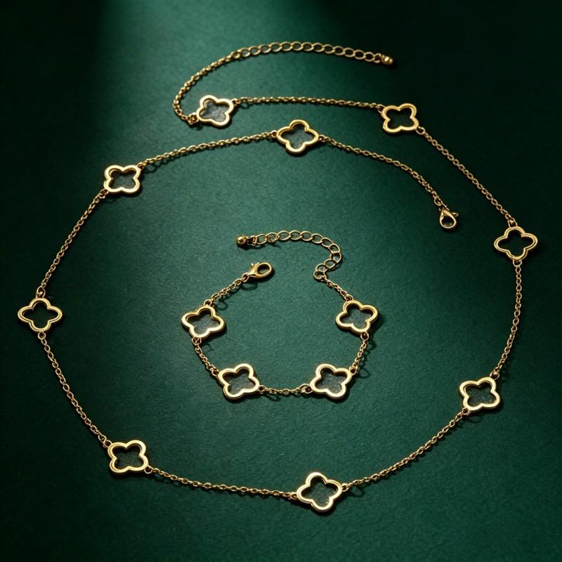 Fashion Clover Necklace Bracelet Set Women Minimalist Lucky Jewelry