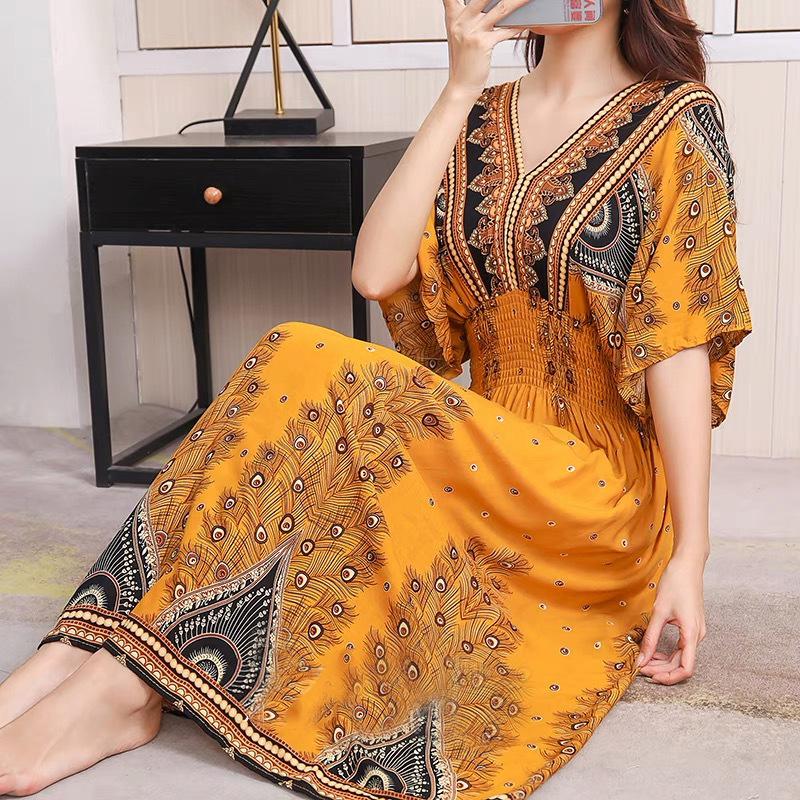 Ethnic Style V-neck Cotton and Silk Short-sleeved Beach Dress Thailand Travel Dress Summer Print Vacation Floral Skirt
