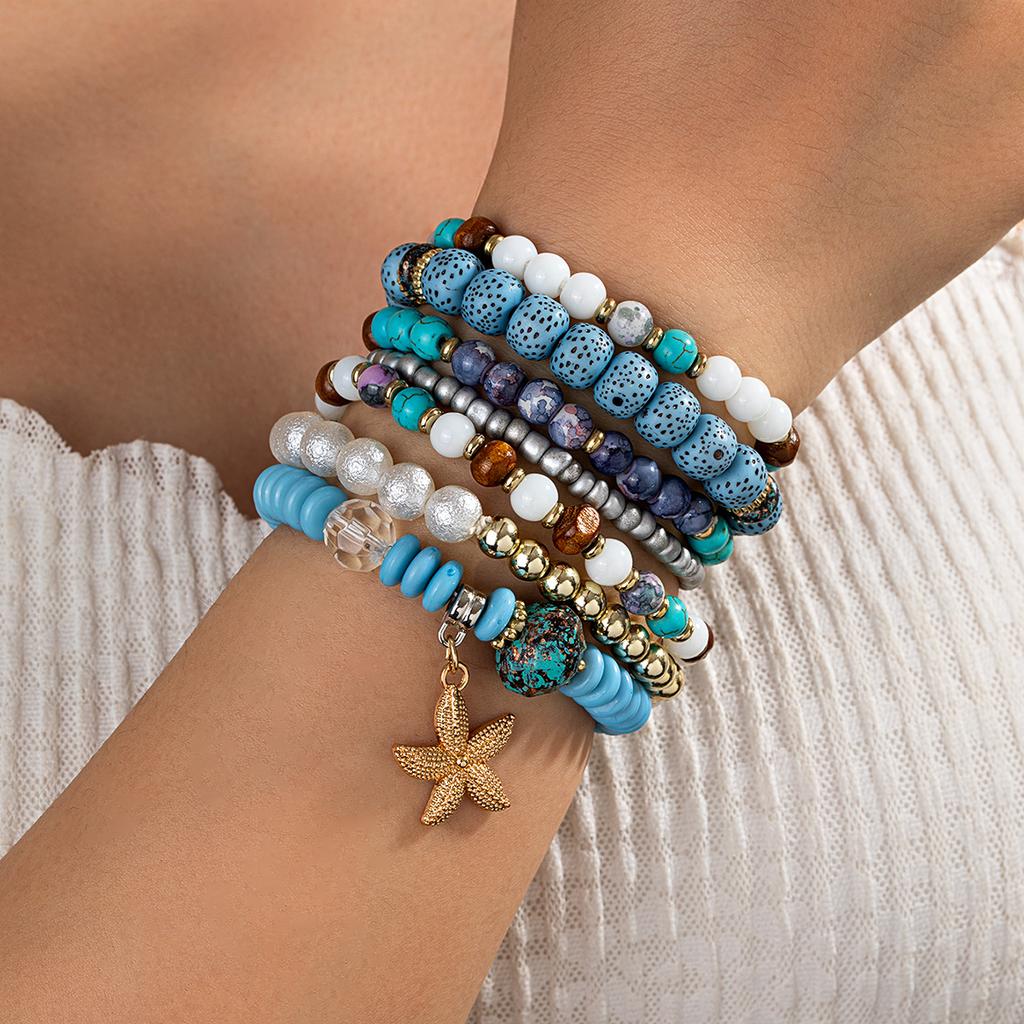 Bohemian Style Multi-layer Beaded Bracelet, Faux Starfish Pendant Vacation Style Layered Bracelet