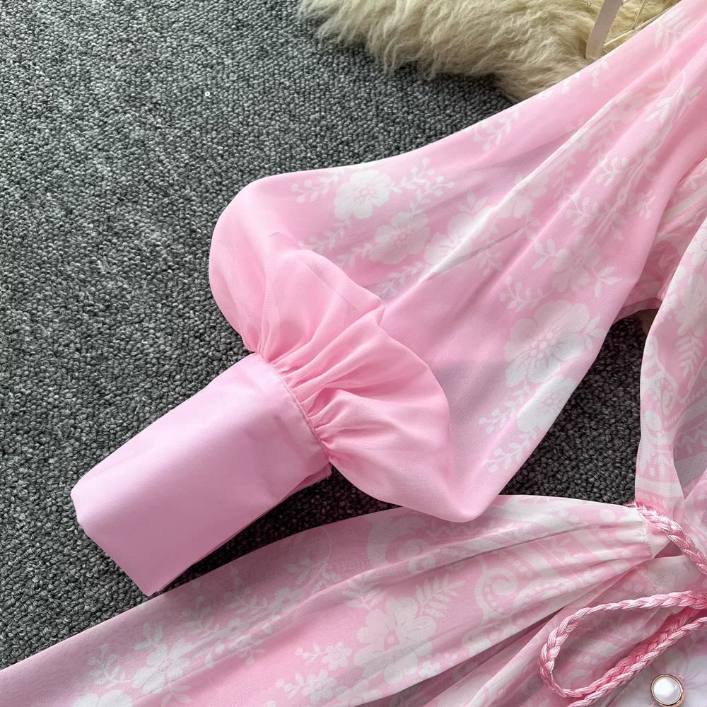 French Vintage Summer Autumn Stand Collar Long Lantern Sleeve Print Long Maxi Dress for Women