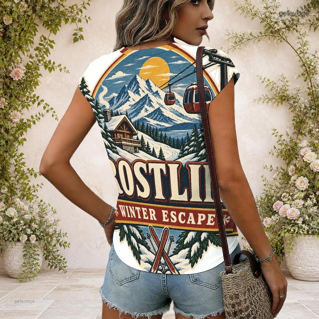 Women Plus Size V Neck Wide Short Sleeve Landscape Text Printed T Shirt