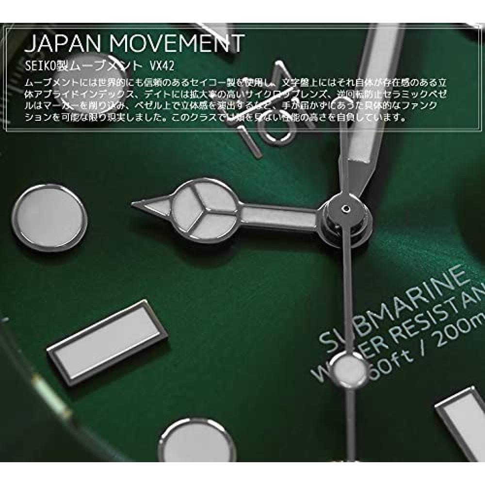 [HYAKUICHI 101] Taucheruhr 20 ATM wasserdicht Keramiklünette Kalenderuhr Metallband Herren (Grün Grün)