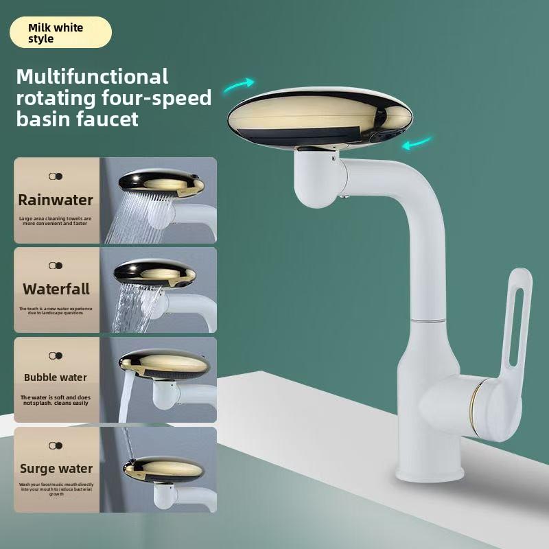 4-Mode Stainless Steel Bathroom Faucet 360° Swivel Spout & Pop-Up Drain, Hot and Cold Dual Control Spaceship-shaped Faucets
