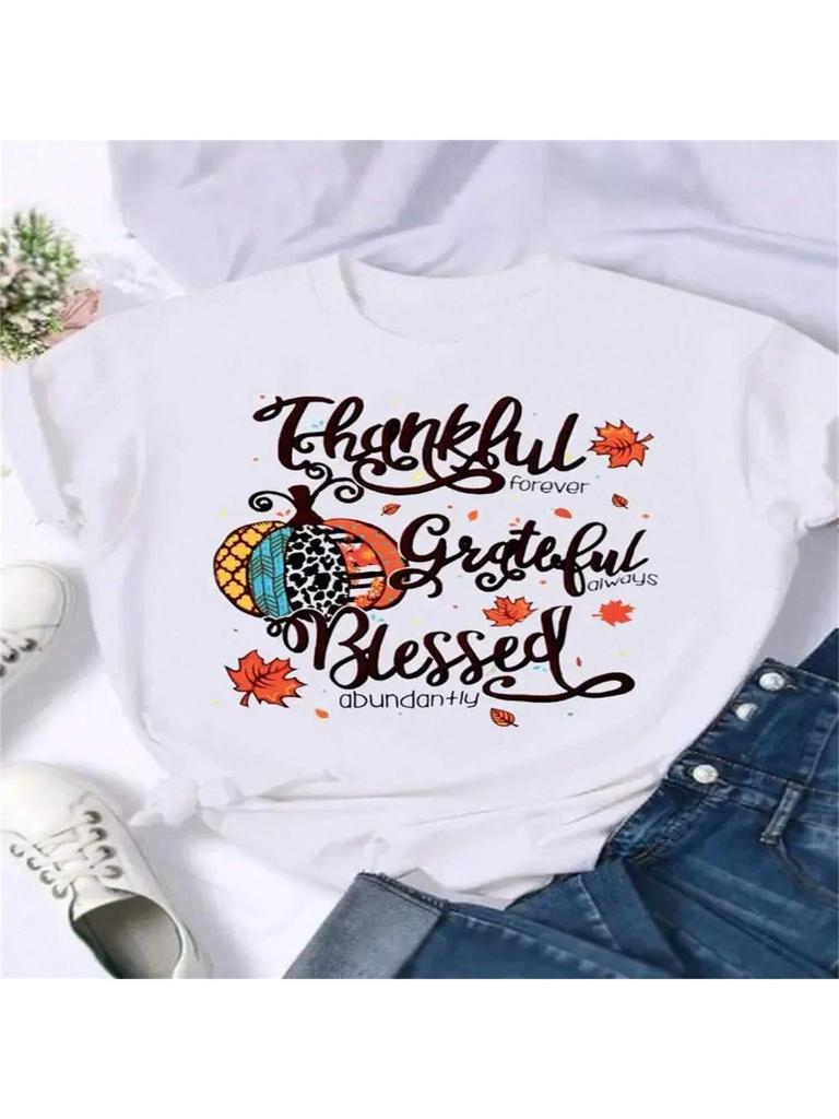 Graphic Tee Halloween Thanksgiving Festival Wounisex Female Fall Autumn Leopard Letter Pumpkin Clothing Short Sleeve T-Shirts Top