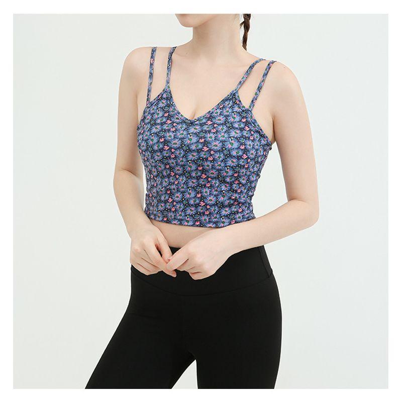 

Export Small Floral Yoga Beauty Back Vest with Chest Pad V Neck Quick-Drying Sports Training Fitness Running Sling Tops Purple Platycodon grandiflorum L