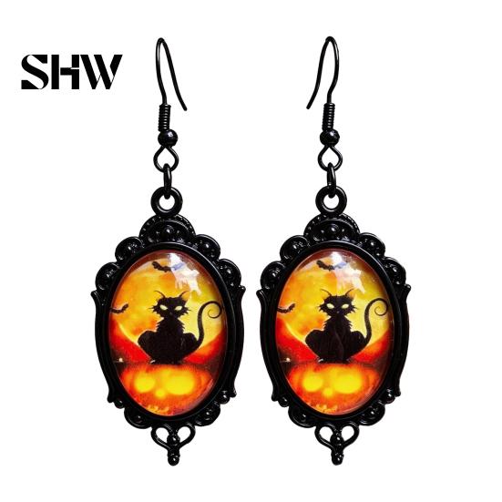 Versatile Dark Style Daily Wear Accessories 1 Pair Halloween Gothic Black Cat Earrings for Women, Vintage Jewelry with Skull Bat Patterns Punk Dangle