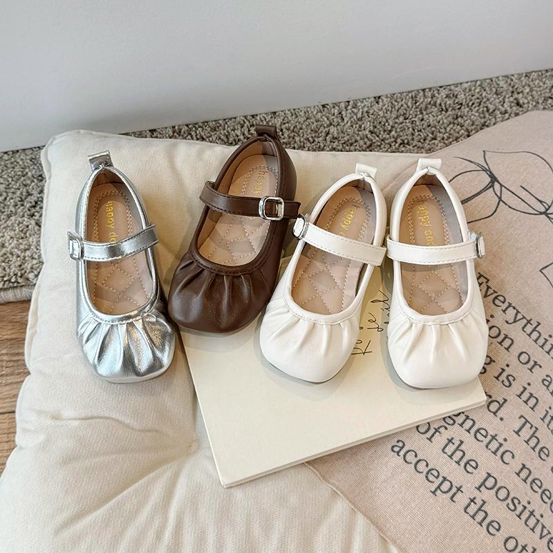 Girls Leather Shoes for Party Wedding Children Shallow Pleated Shoes Kids Flats Moccasins Shoes Anti-Slippery 2024 Autumn Spring