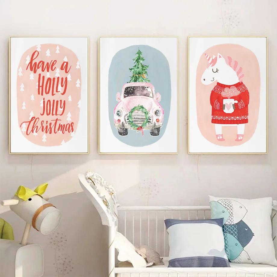 Cartoon Christmas Holiday Tree Balls Sock Snowman Car Wall Art Canvas Painting Posters And Prints Wall Pictures Kids Room Decor