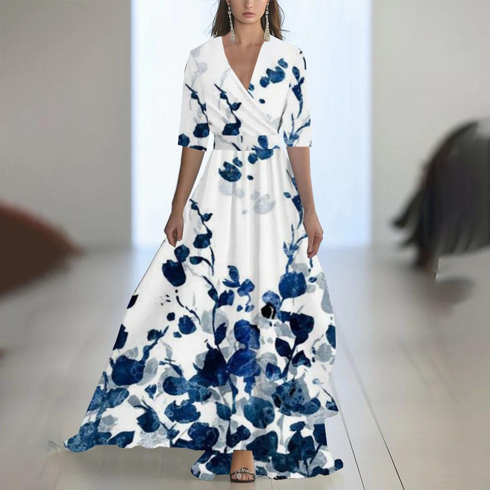 Floral Print V-Neck Midi Dress with Belt, Elegant Boho Style Women's Dress