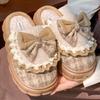 Fashion Woman Retro Fashion Bow Cotton Slippers Female Autumn Winter Indoor Home Slippers Winter Warm Soft Plush Girls Cotton Footwear