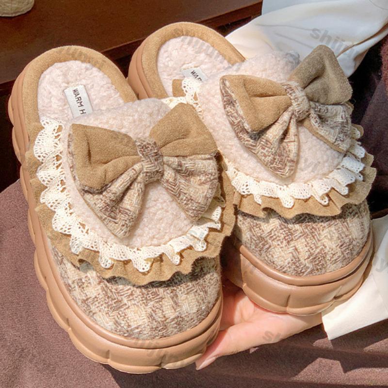 Fashion Woman Retro Fashion Bow Cotton Slippers Female Autumn Winter Indoor Home Slippers Winter Warm Soft Plush Girls Cotton Footwear