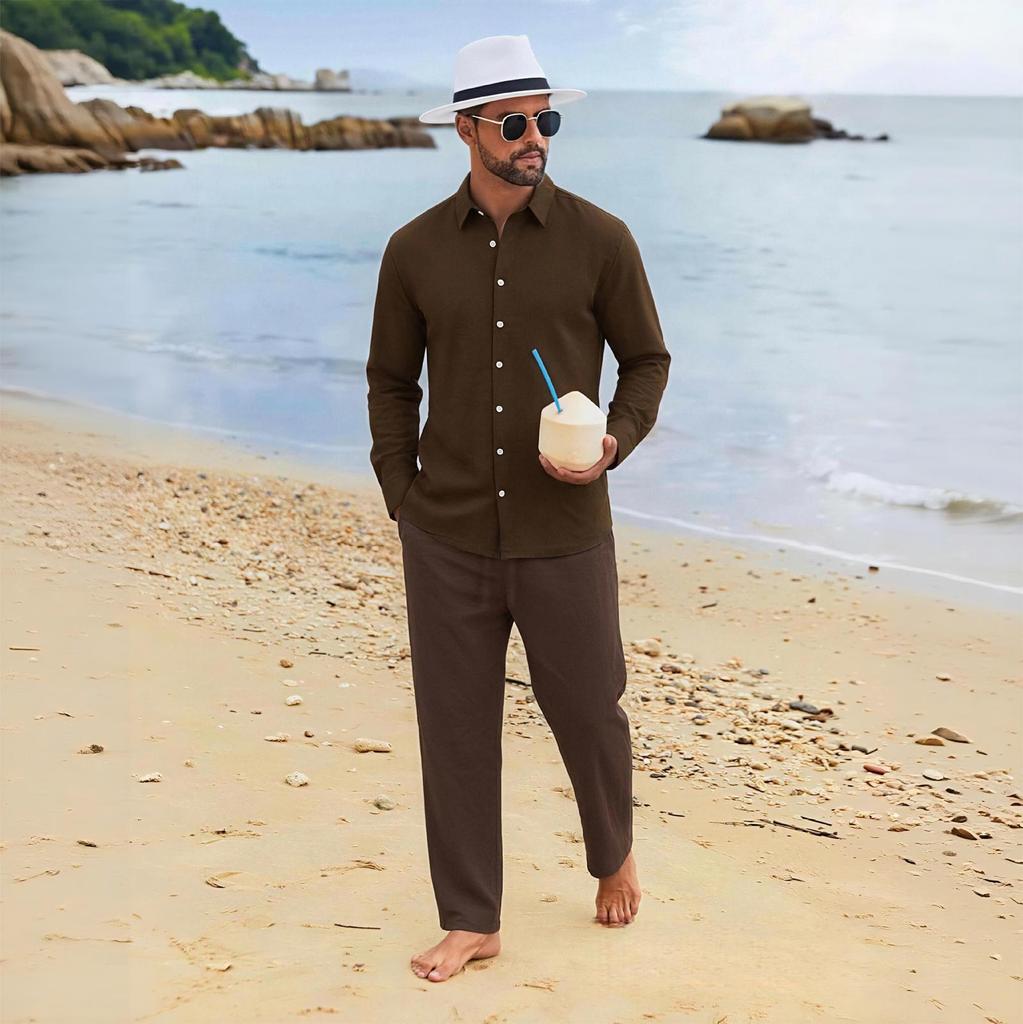 Men's Linen Relaxed Fit Long Sleeve Shirt and Pants Beach Set for Summer